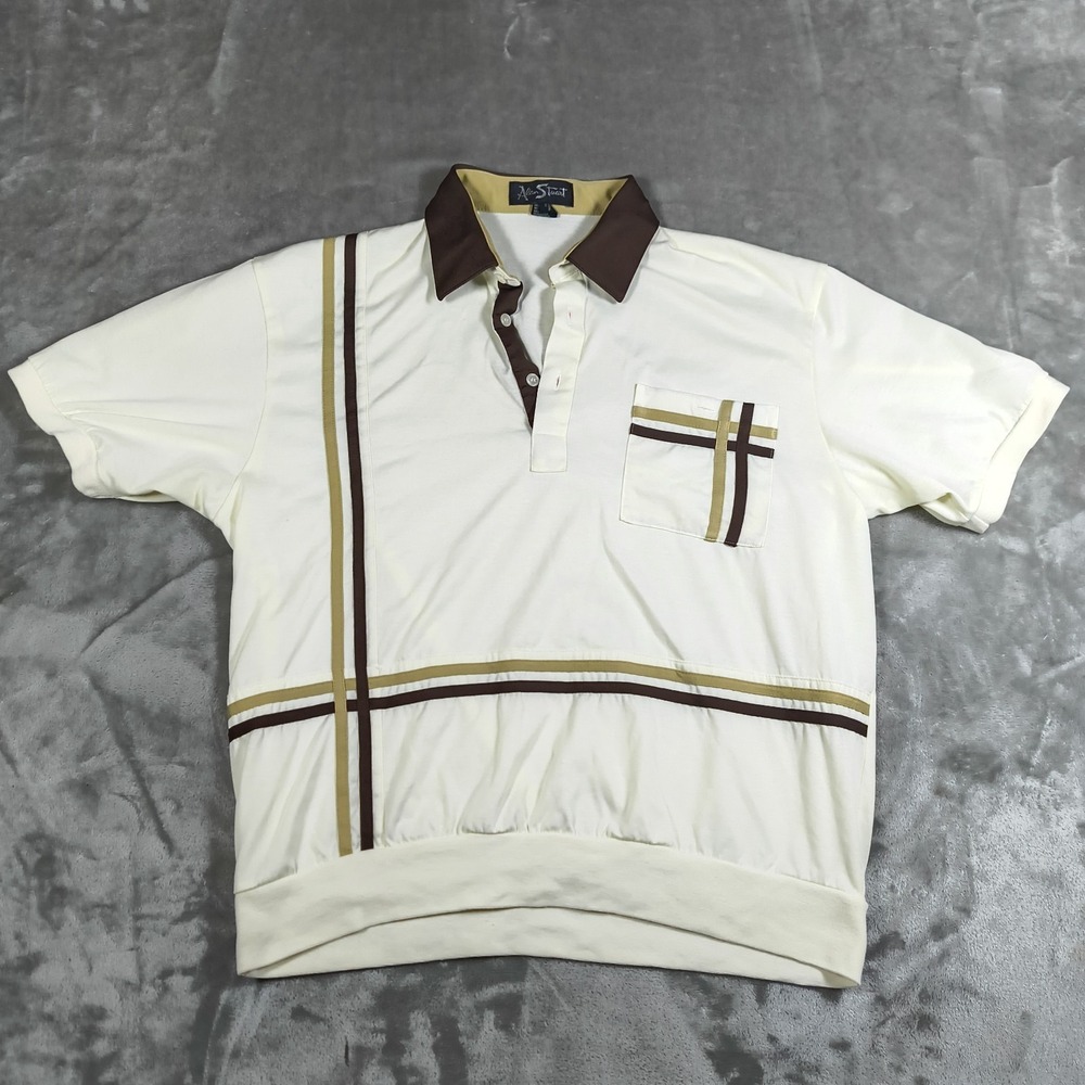 Vintage Alan Stuart Polo Shirt Mens Large Ivory Brown Striped Retro Short Sleeve